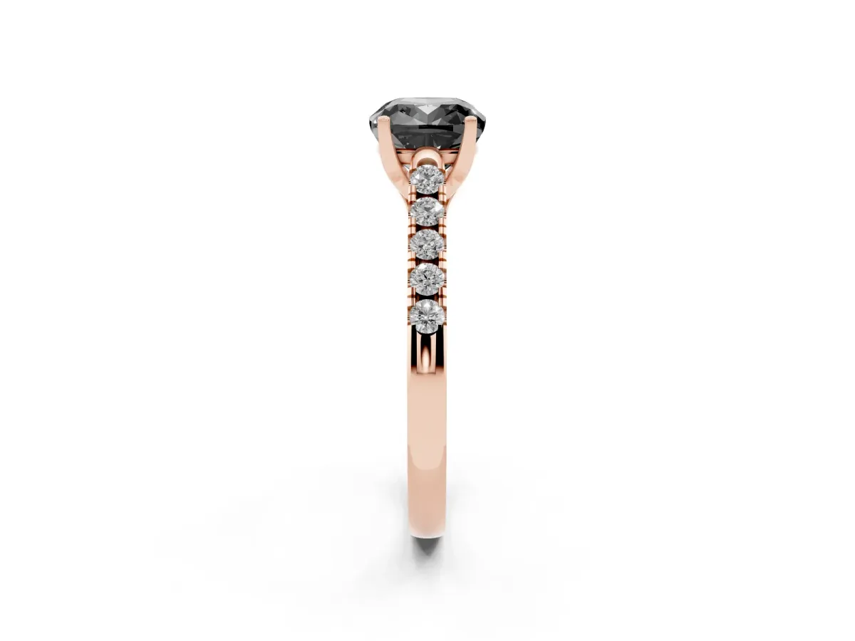 Fancy Black Cushion Cut Diamond Pavé Band Solitaire Ring with Prong Setting Rose gold