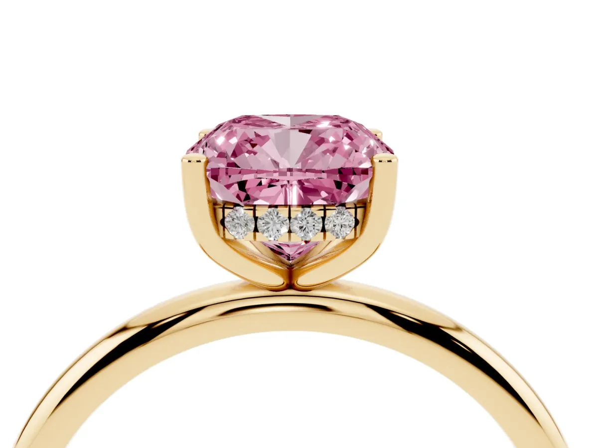 Fancy Pink Cushion Cut Cut Solitaire Engagement Ring with Four-Prong Setting and Classic Band Yellow gold