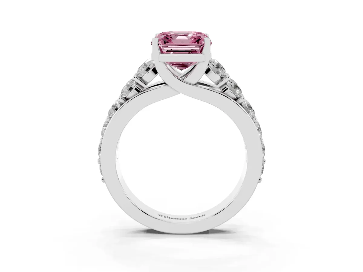 Fancy Pink Asscher Cut Diamond Engagement Ring with Pavé Band and Four-Prong Setting Silver