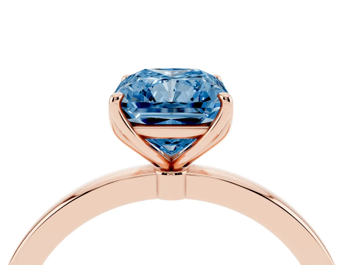 Fancy Blue Radiant Cut Diamond Solitaire Ring with Thin Band and Prong Setting Rose gold