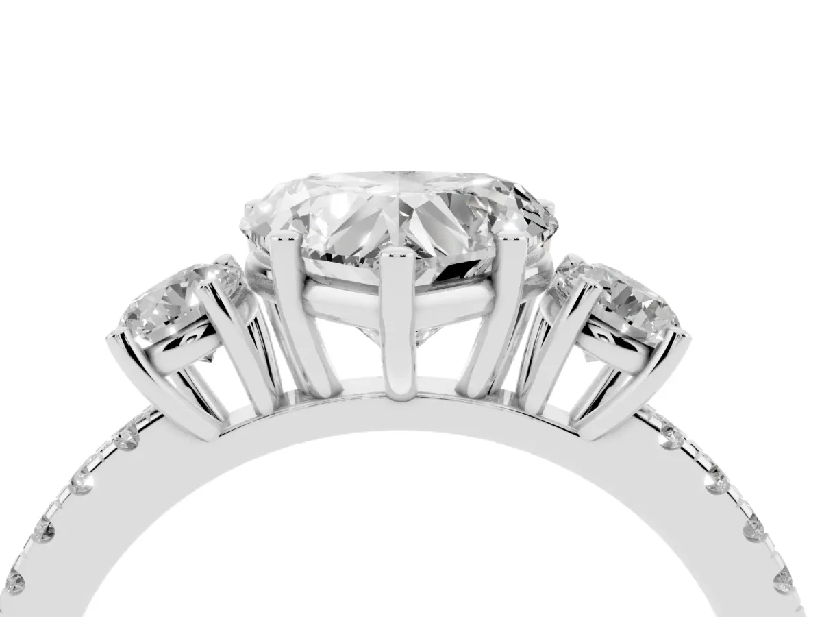 Three-Stone Heart Cut Cut Diamond Pavé Band with Prong Setting Platinum