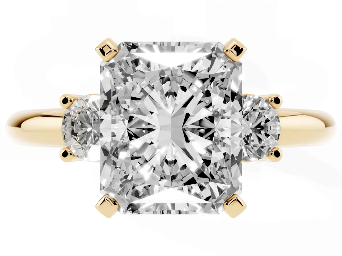 Three-Stone Radiant Cut Cut Diamond Solitaire with Prong Setting and Classic Band Yellow gold