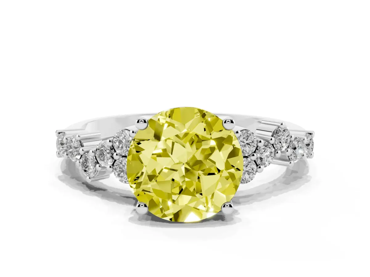 Fancy Yellow Round Cut Diamond Scattered Round Accent Ring with Prong Setting Silver