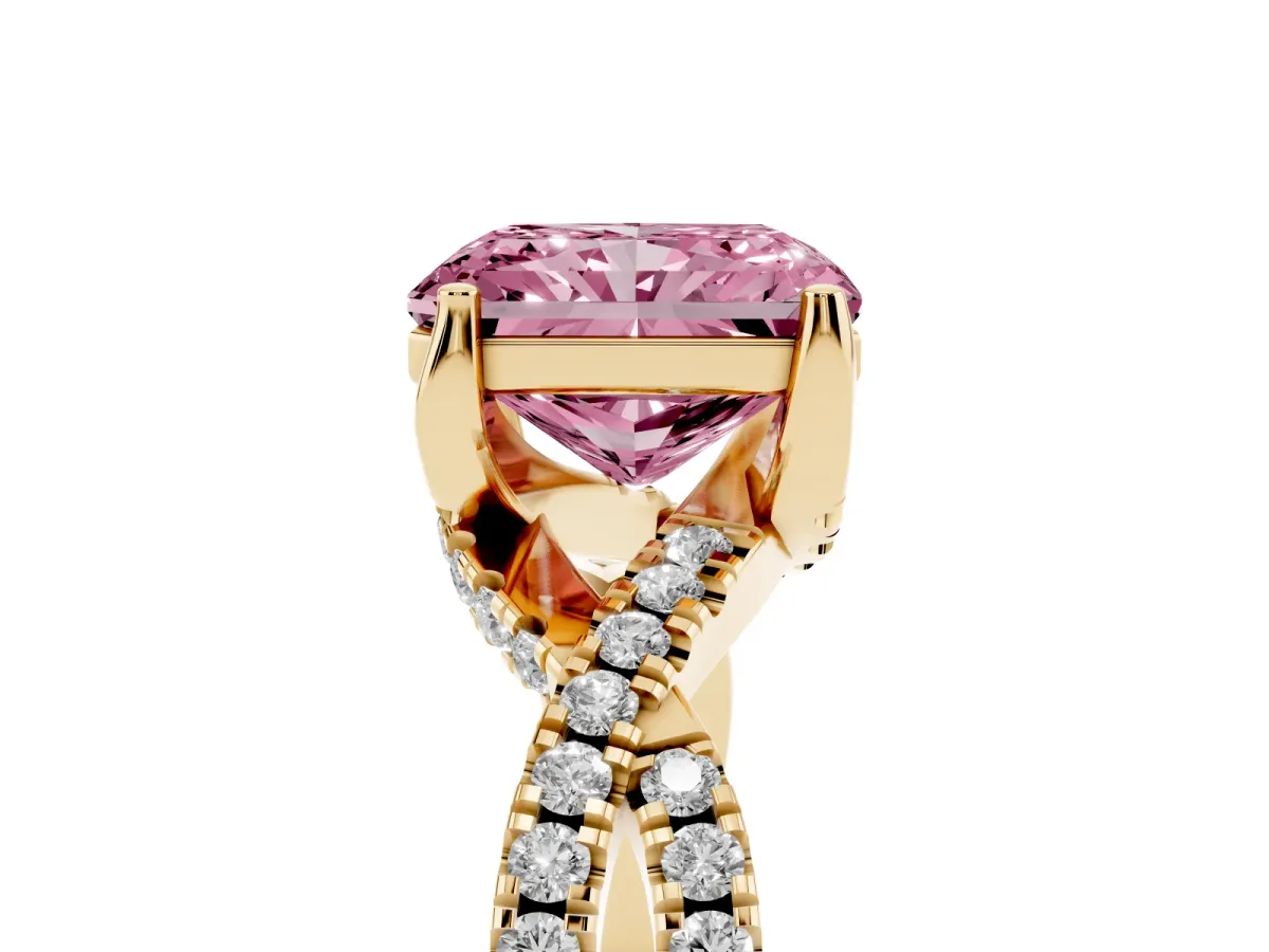 Fancy Pink Radiant Cut Solitaire Twist Pave Diamond Engagement Ring with Prong Setting Yellow gold