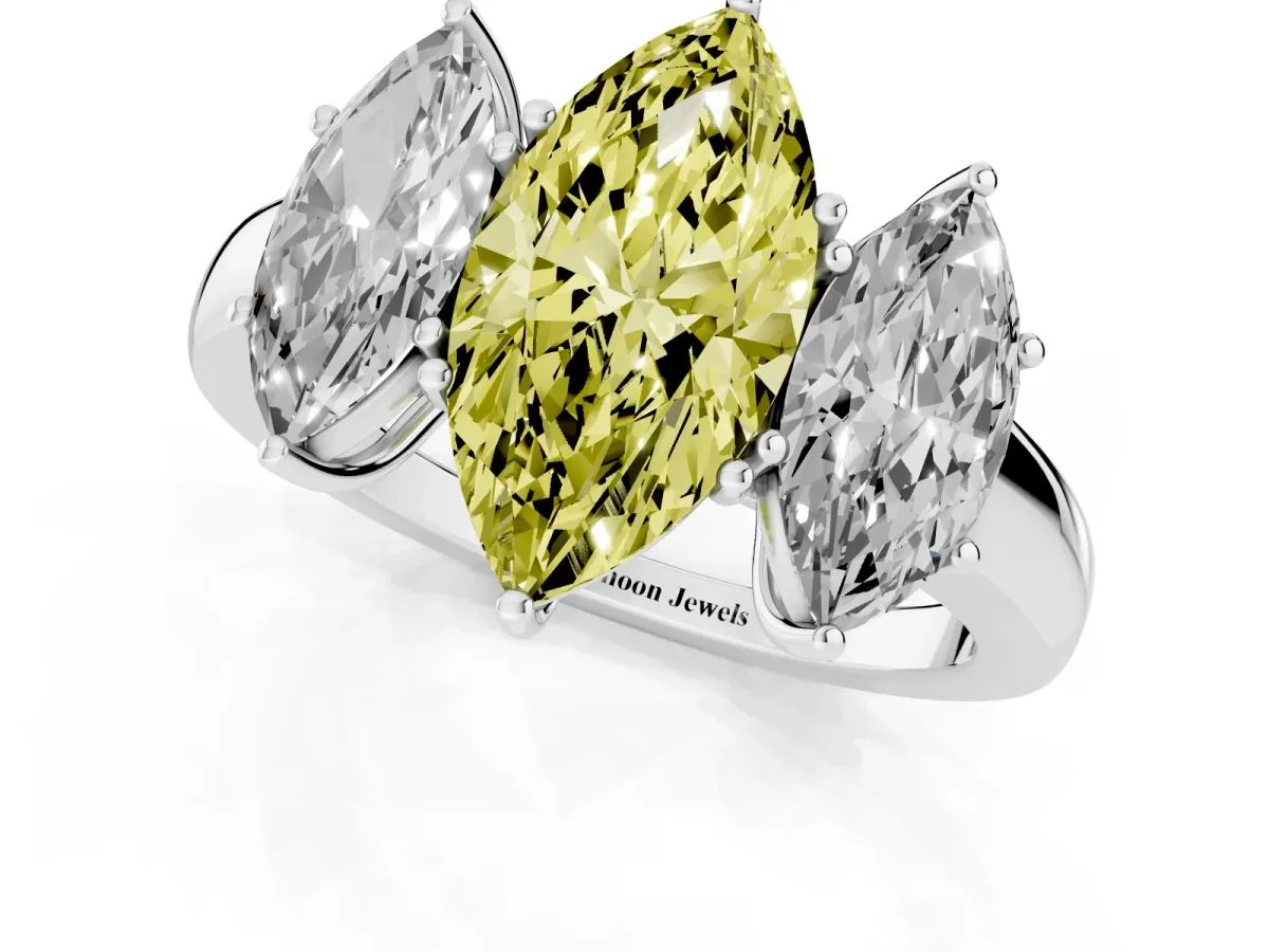 Fancy Yellow Marquise Cut Diamond Three-Stone Ring with Four-Prong Setting and Classic Band Silver