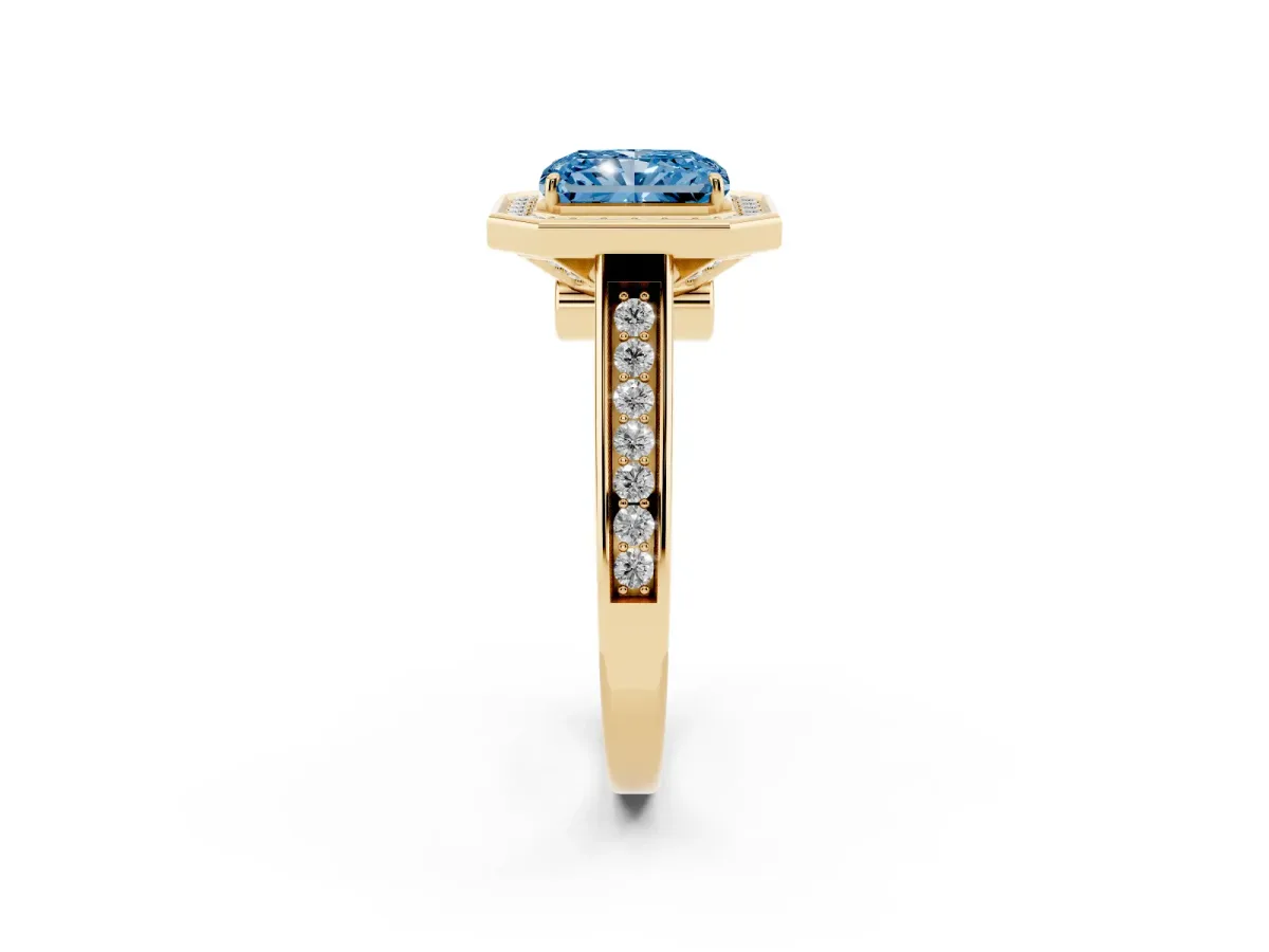 Fancy Blue Radiant Cut Halo Solitaire Diamond Ring with Pave Band and Bezel Setting Yellow gold