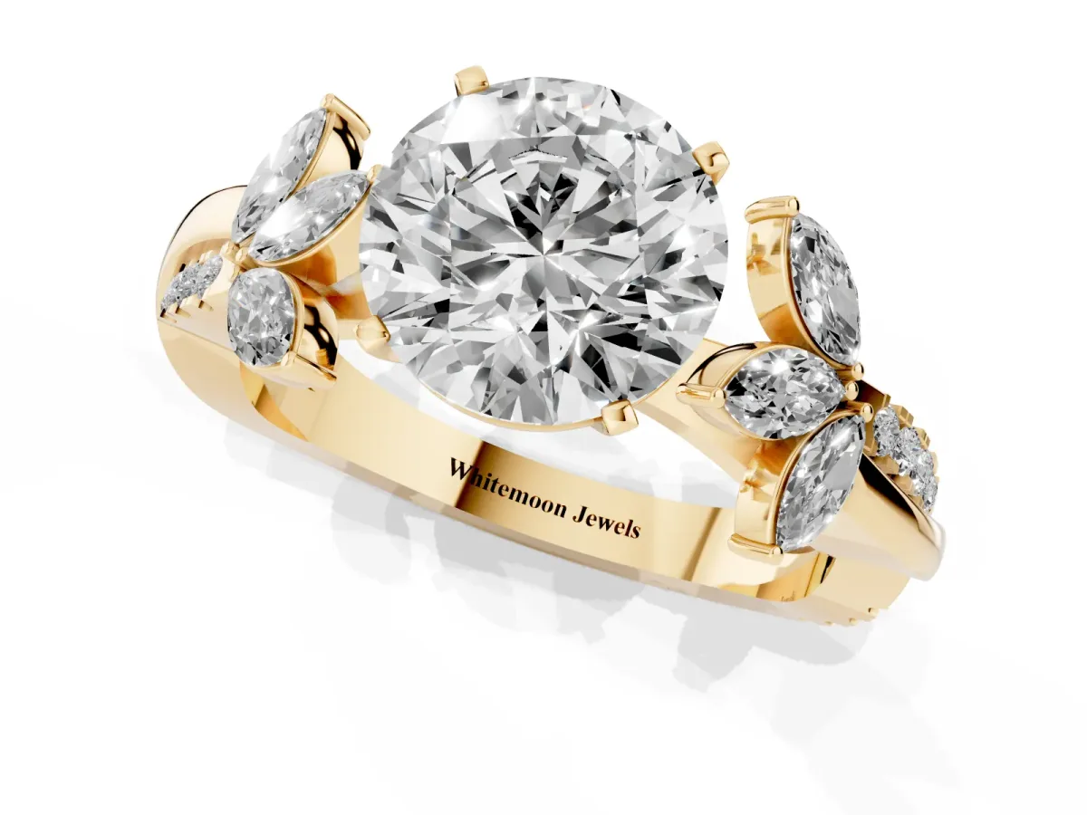 Round Cut Diamond Floral Vine Solitaire Engagement Ring Yellow gold