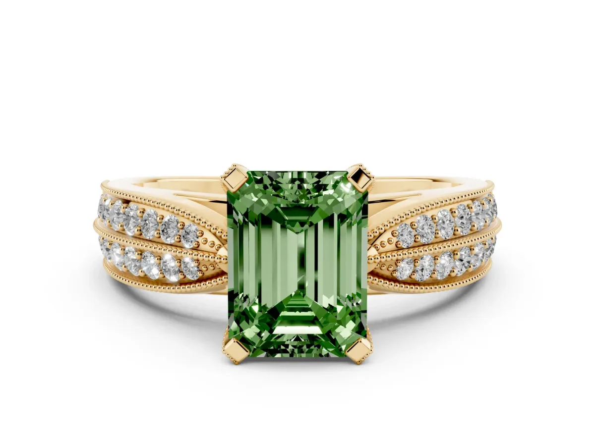 Fancy Green Emerald Cut Diamond Solitaire Ring with Milgrain Round Pavé Band and Prong Setting Yellow gold