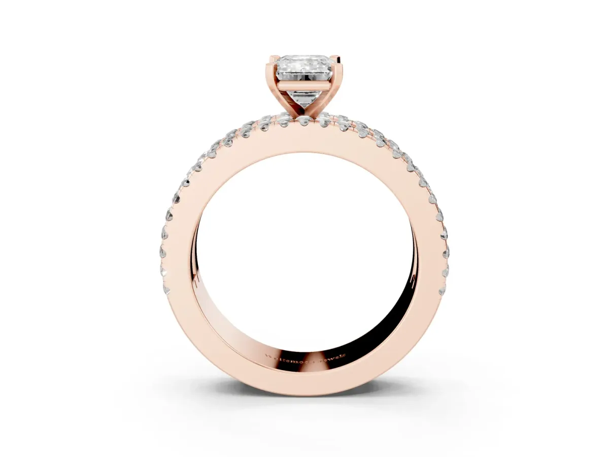 Emerald Cut Diamond Solitaire Ring with Pavé and Channel Set Band Rose gold