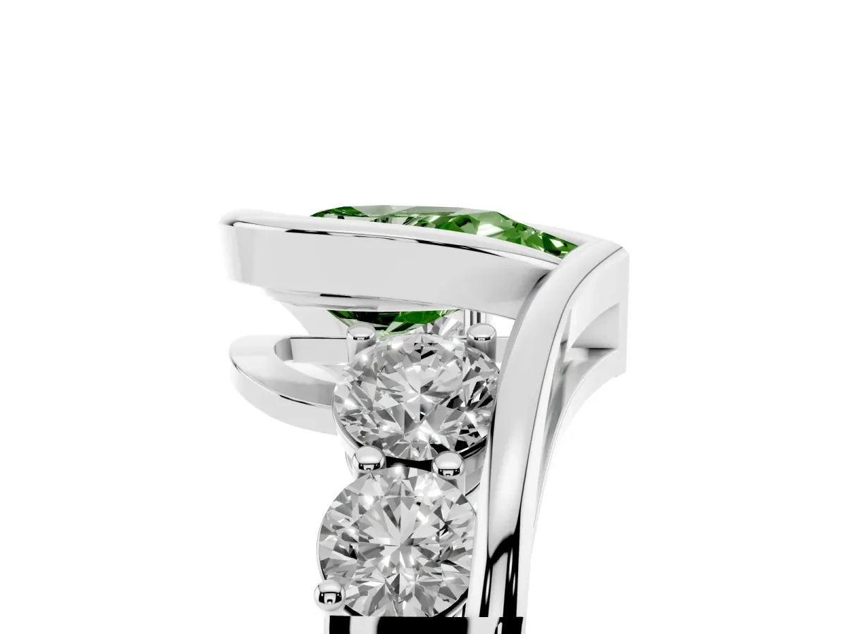 Fancy Green Bezel Set Pear Cut Diamond Bypass Ring with Round Accents Platinum