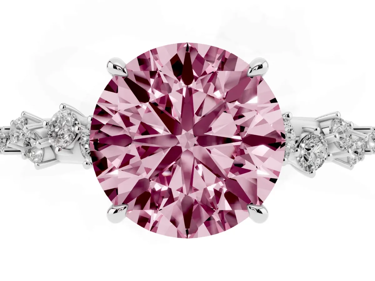 Fancy Pink Round Cut Diamond Cluster Side Stone Solitaire Ring with Prong Setting Silver