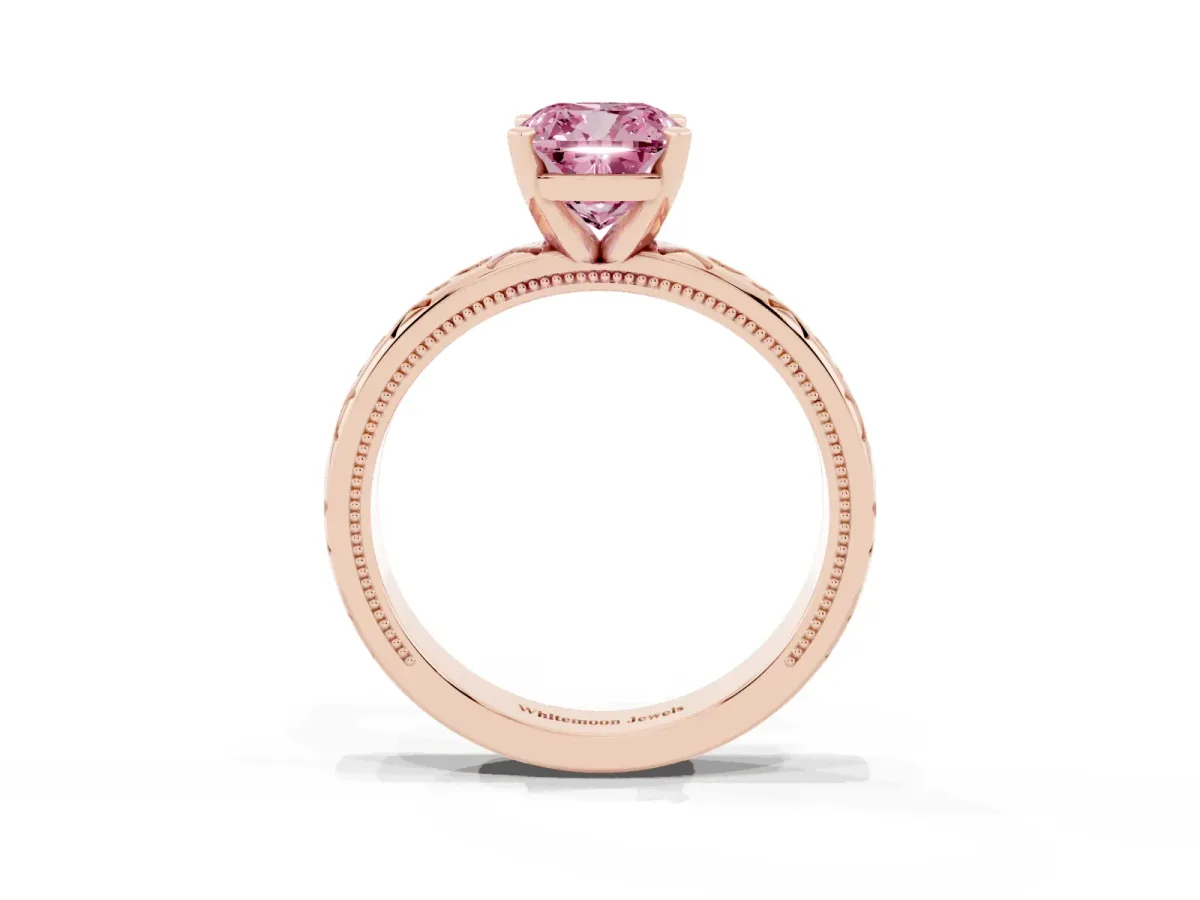 Fancy Pink Cushion Cut Solitaire Engagement Ring with Scrollwork Band and Four-Prong Setting Rose gold
