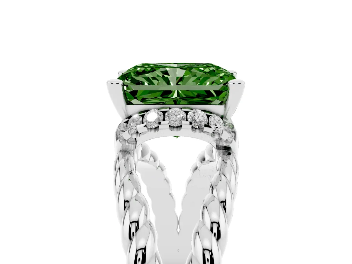 Fancy Green Radiant Cut Halo Twisted Band Four-Prong Ring Platinum