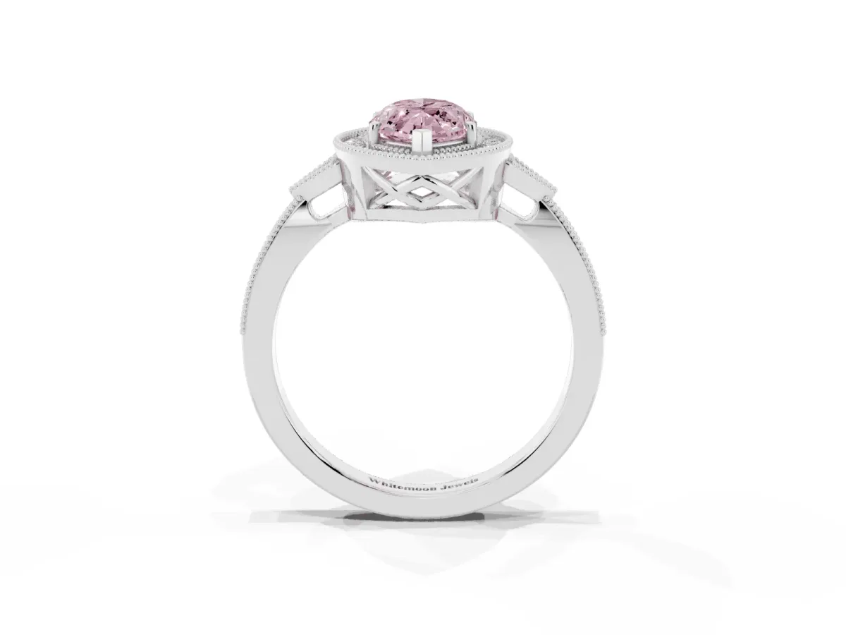 Fancy Pink Marquise Cut Halo Round Diamond Milgrain Pave Engagement Ring White gold