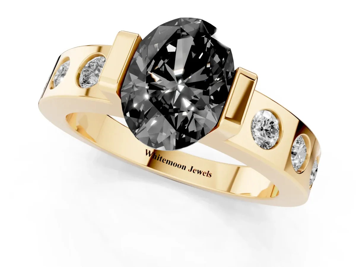 Fancy Black Oval Cut Brilliant Channel-Set Diamond Ring with Bezel Prong Setting Yellow gold