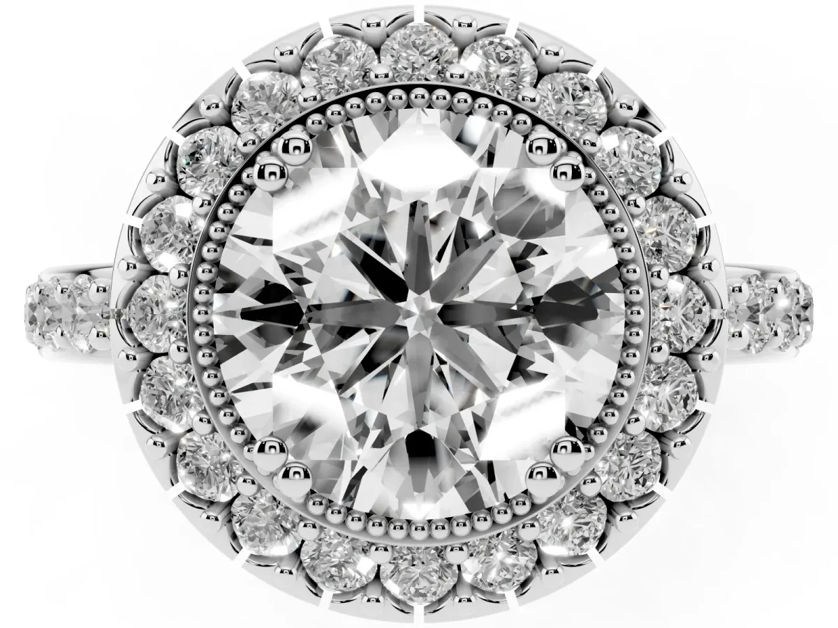 Round Cut Diamond Halo Ring with Pavé Band and Prong Setting Silver