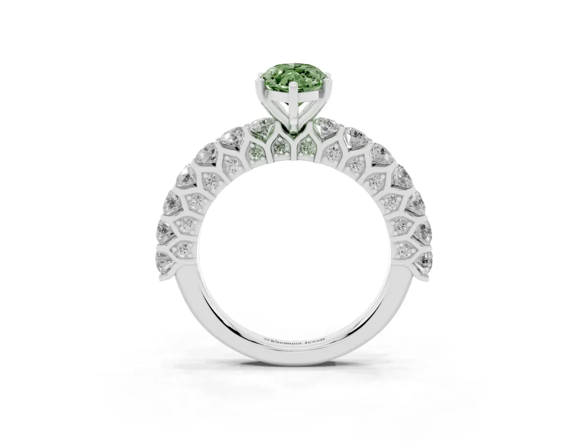 Fancy Green Marquise Cut Diamond Solitaire Ring with Shared Prong Pavé Band and Four-Prong Setting White gold