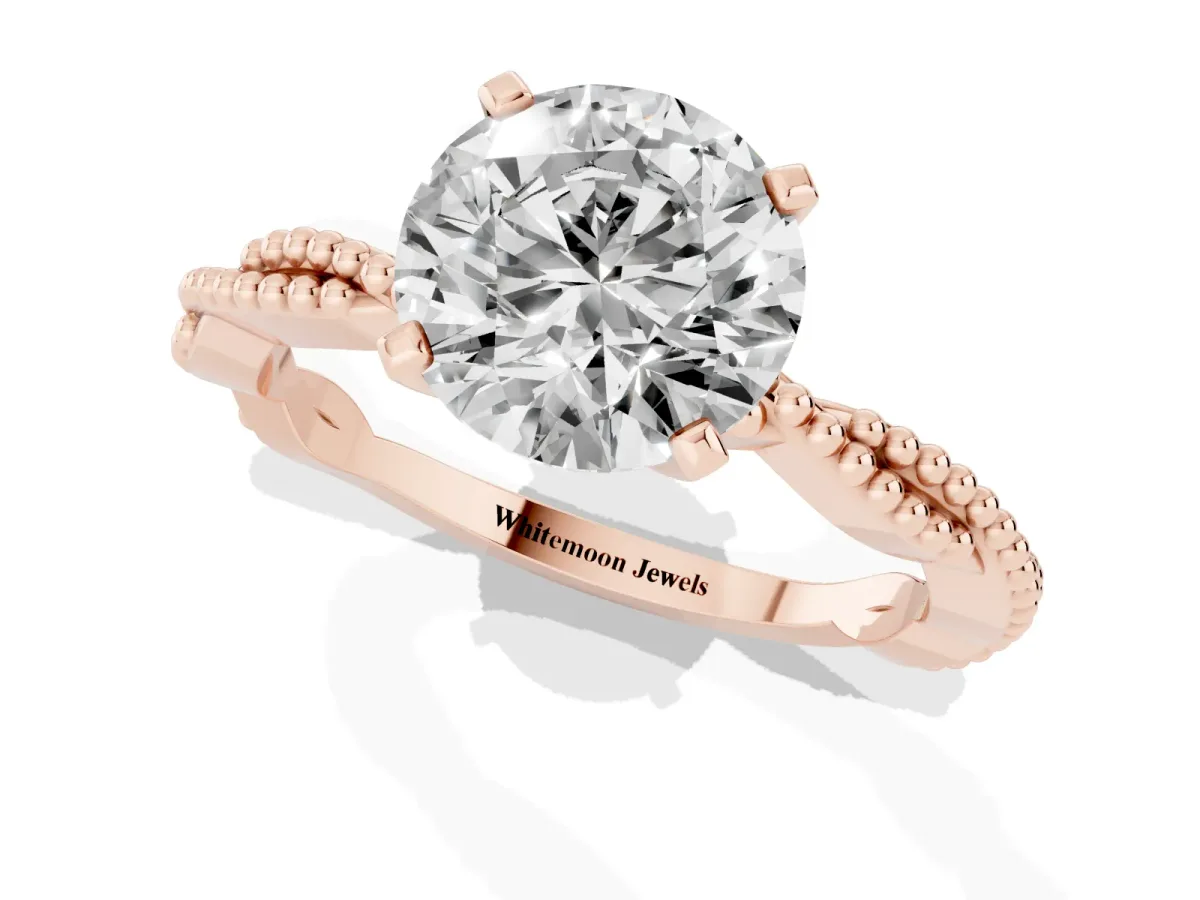 Round Cut Solitaire Twisted Band with Bead Prong Setting Rose gold