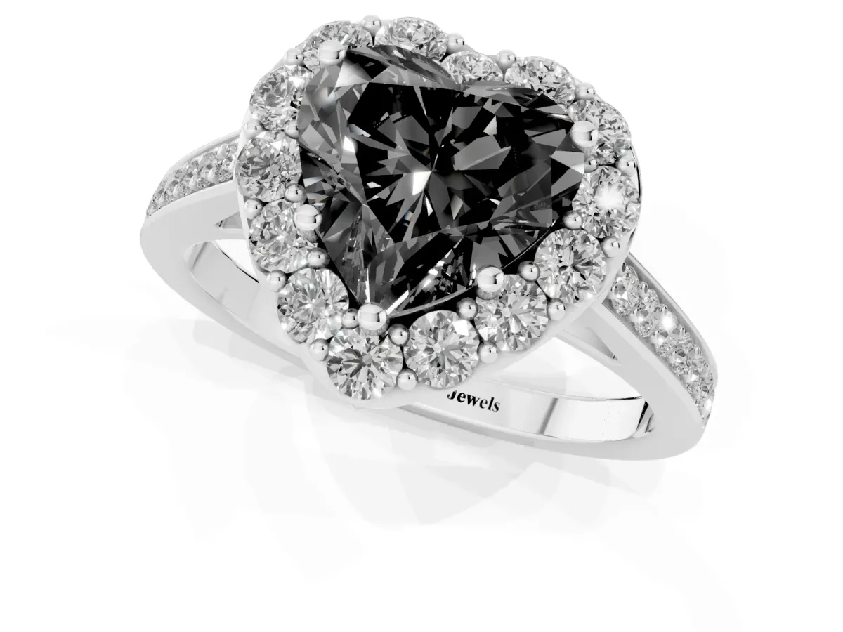 Fancy Black Heart Cut Diamond Floral Halo Ring with Pavé Band and Prong Setting White gold