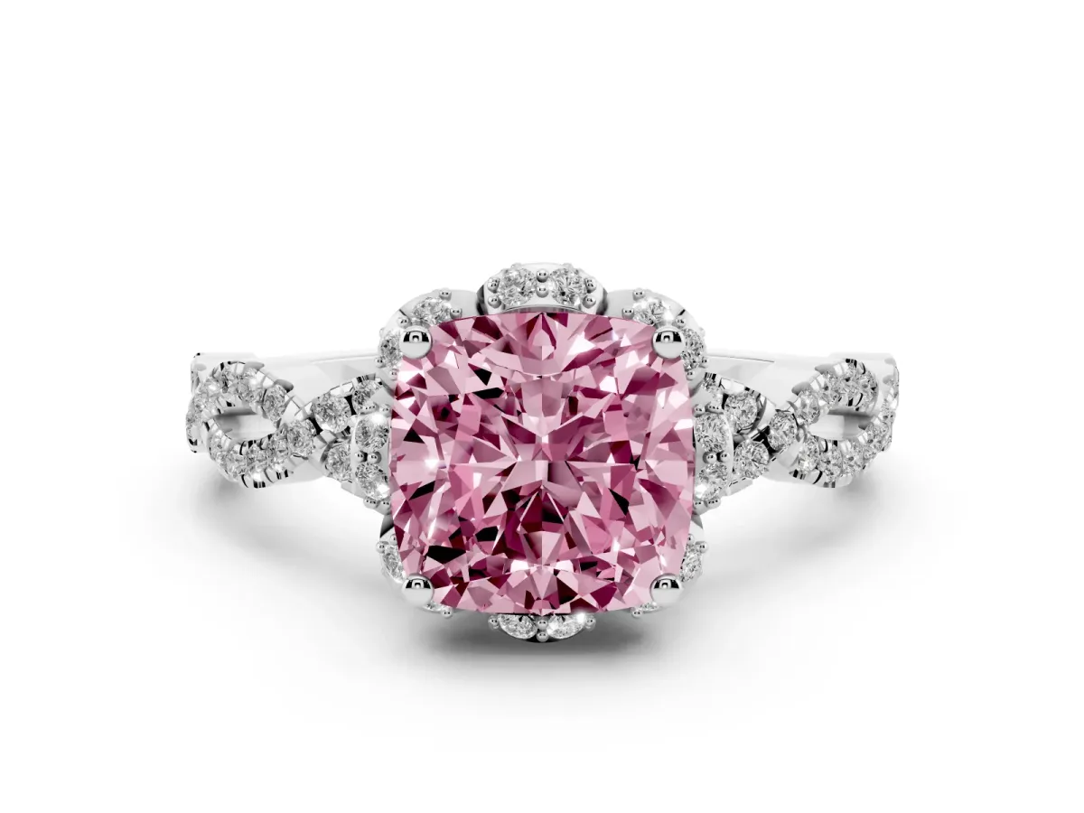 Fancy Pink Cushion Cut Halo Twist Band Solitaire Ring with Six-Prong Setting White gold