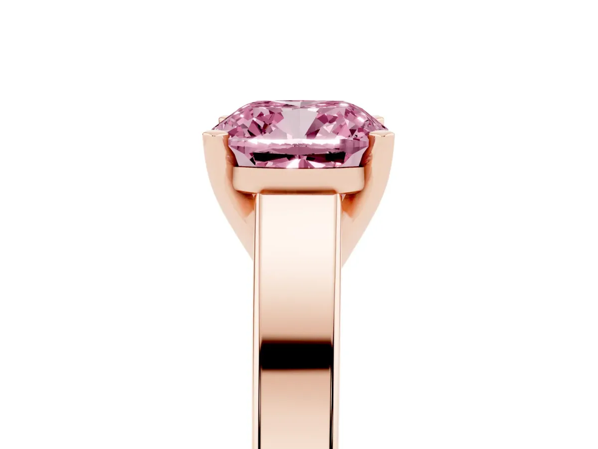 Fancy Pink Cushion Cut Solitaire Engagement Ring with Four-Prong Setting and Tapered Band Rose gold