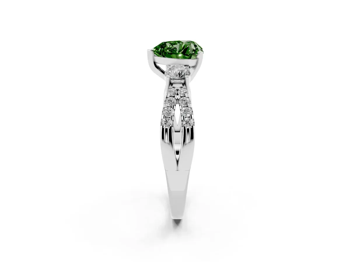 Fancy Green Heart Cut Diamond Three-Stone Ring with Pavé Split Shank and Four-Prong Setting Platinum