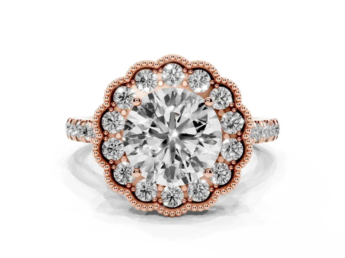 Round Cut Cut Diamond Milgrain Floral Halo Engagement Ring with Pavé Band Rose gold