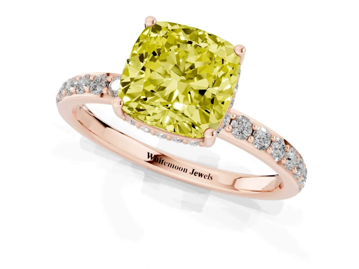 Fancy Yellow Cushion Cut Diamond Solitaire Ring with Pavé Band and Hidden Halo Rose gold