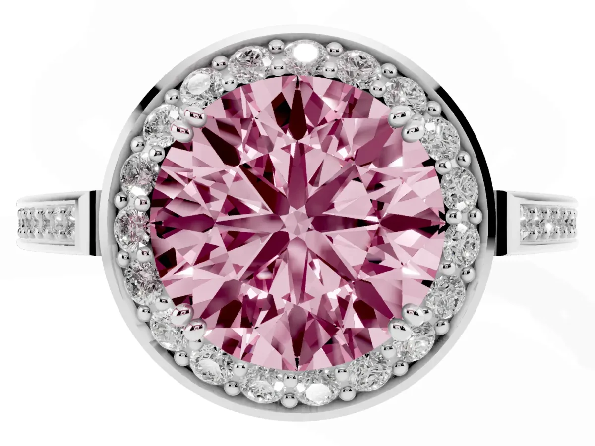Fancy Pink Round Cut Diamond Halo Ring with Split Shank and Four-Prong Setting Platinum