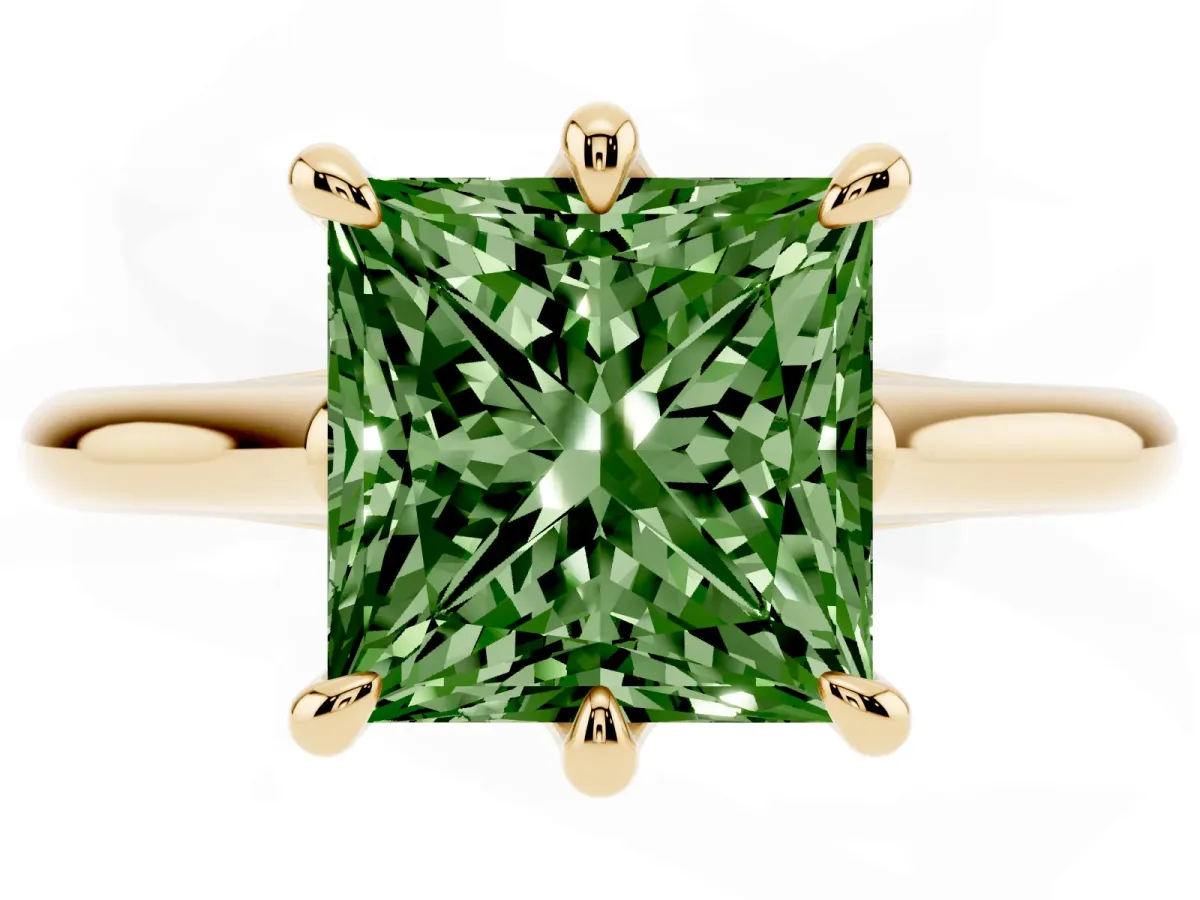Fancy Green Princess Cut Solitaire Engagement Ring with Six-Prong Setting and Classic Band Yellow gold