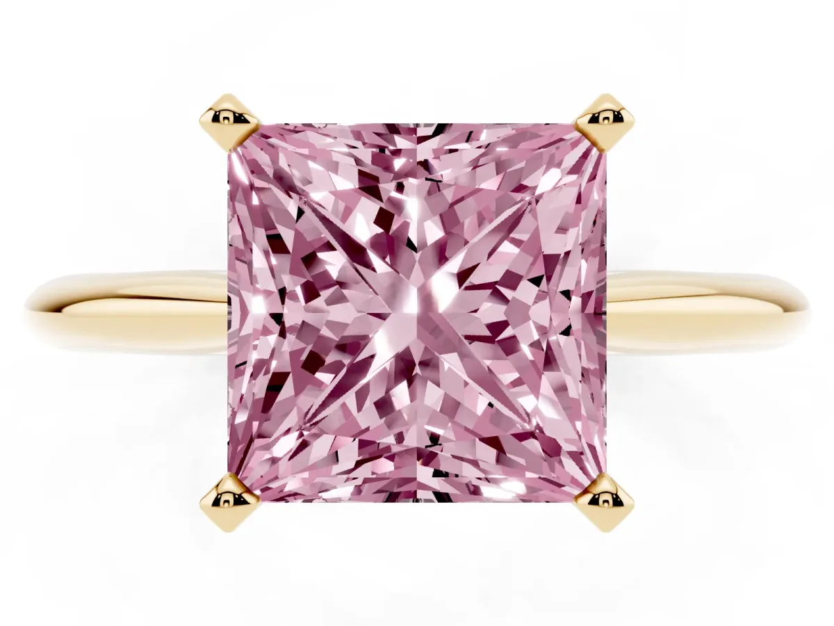 Fancy Pink Princess Cut Cut Solitaire Ring with Four-Prong Setting on a Classic Band Yellow gold