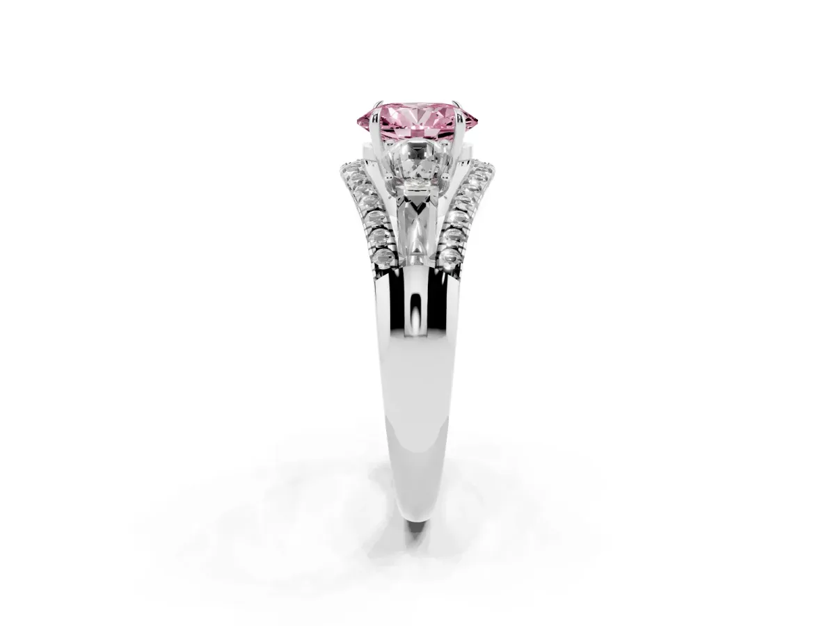 Fancy Pink Three-Stone Oval Cut Diamond Engagement Ring with Pave Band and Prong Setting Silver