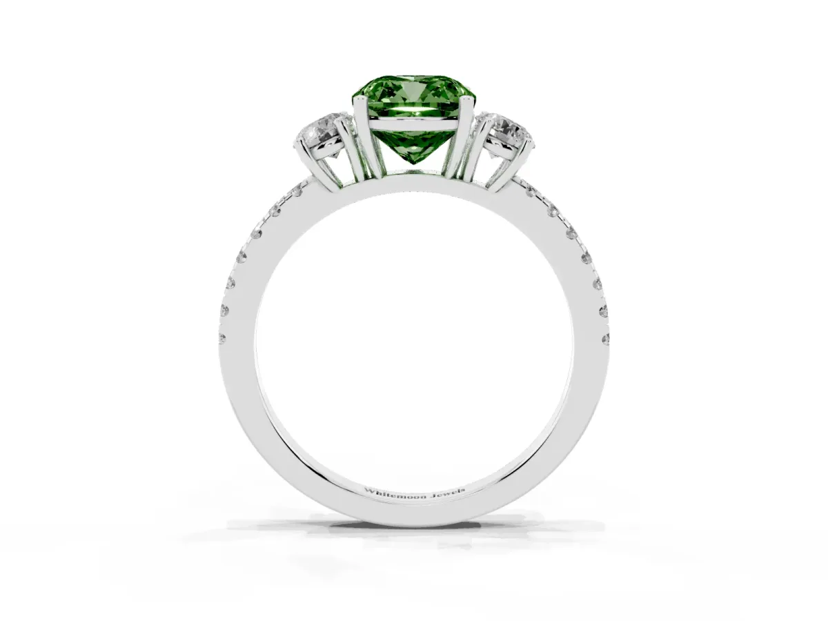 Fancy Green Three-Stone Cushion Cut Cut Diamond Pavé Band with Prong Setting Platinum
