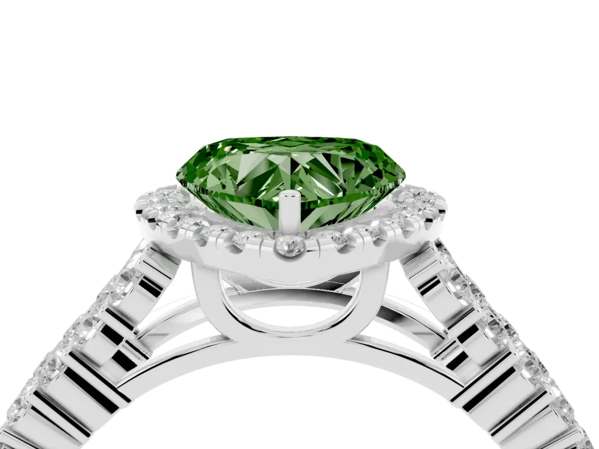 Fancy Green Heart Cut Diamond Halo Engagement Ring with Triple Row Round Pavé Band and Prong Setting Silver