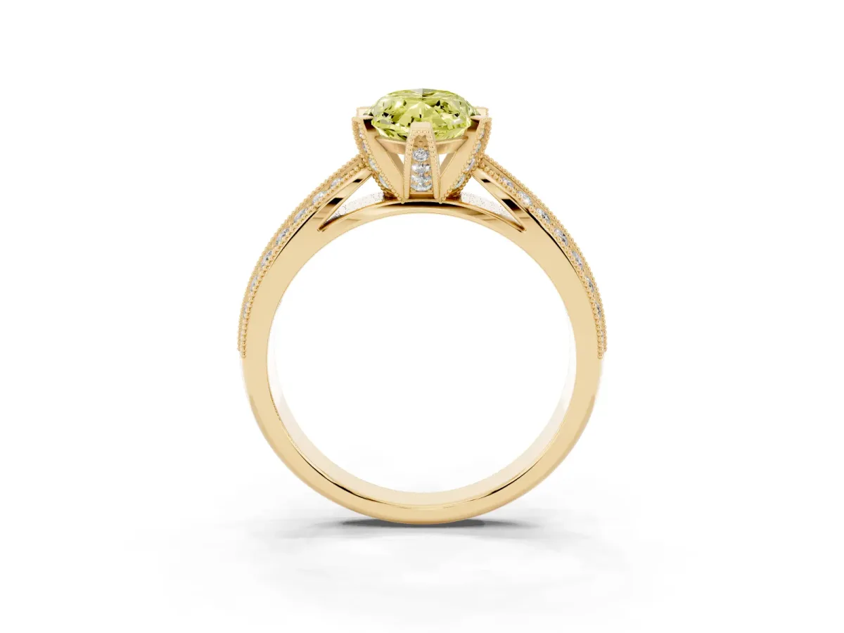 Fancy Yellow Marquise Cut Diamond Solitaire Ring with Milgrain Round Pavé Band and Prong Setting Yellow gold