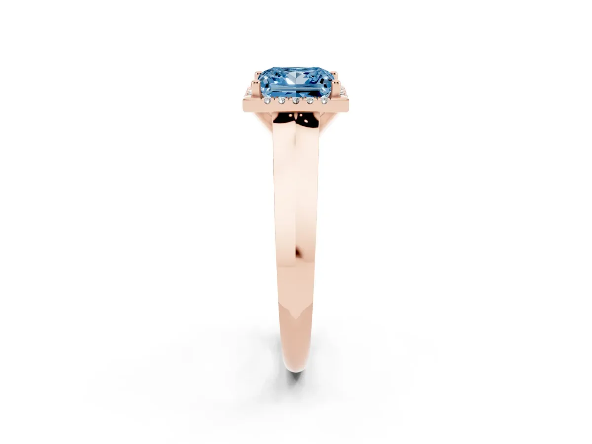 Fancy Blue Princess Cut Halo Diamond Ring with Cathedral Band and Four-Prong Setting Rose gold