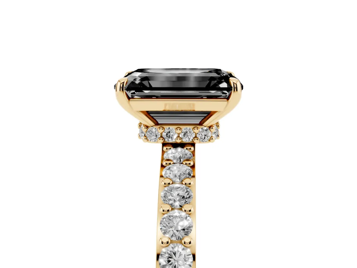 Fancy Black Emerald Cut Diamond Pavé Engagement Ring with Round Accents and Prong Setting Yellow gold