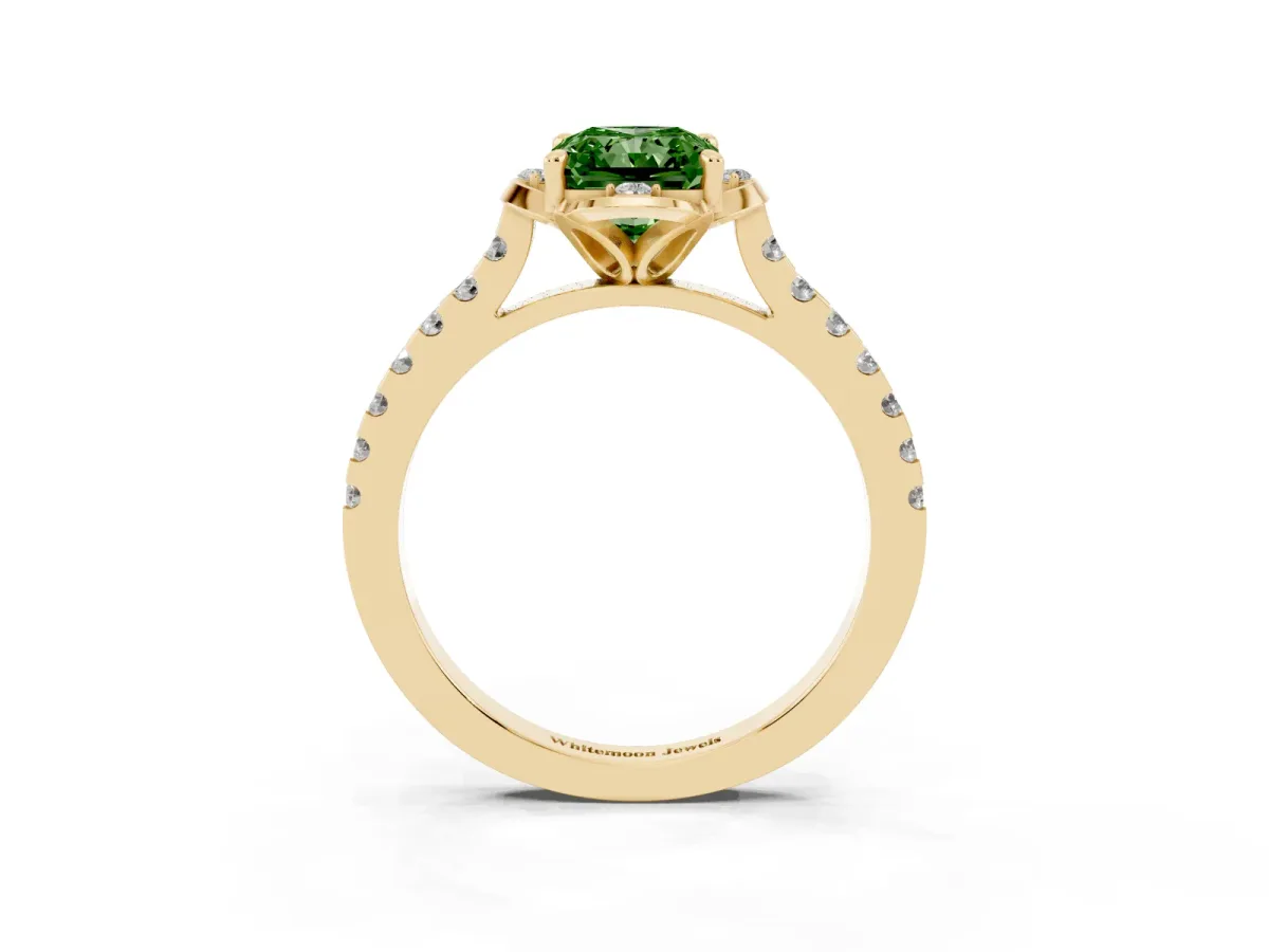 Fancy Green Radiant Cut Diamond Ring with Pavé Band and Floral Prong Setting Yellow gold