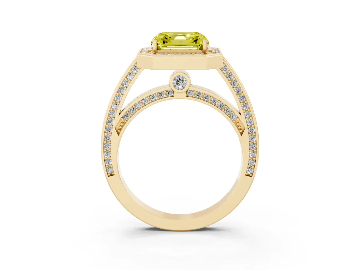 Fancy Yellow Asscher Cut Cut Halo Pave Split Shank Prong Setting Ring Yellow gold