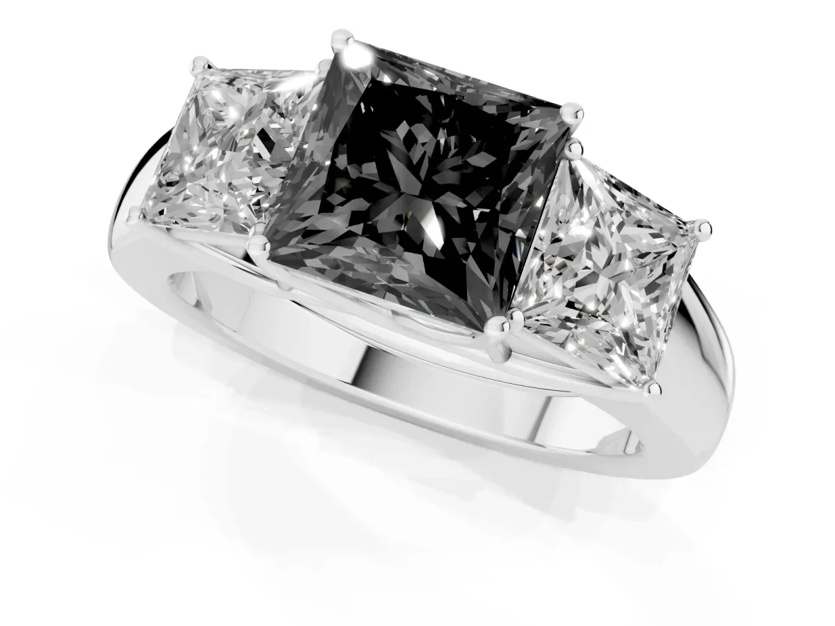 Fancy Black Three-Stone Princess Cut Cut Diamond Ring with Prong Setting and Classic Band Silver