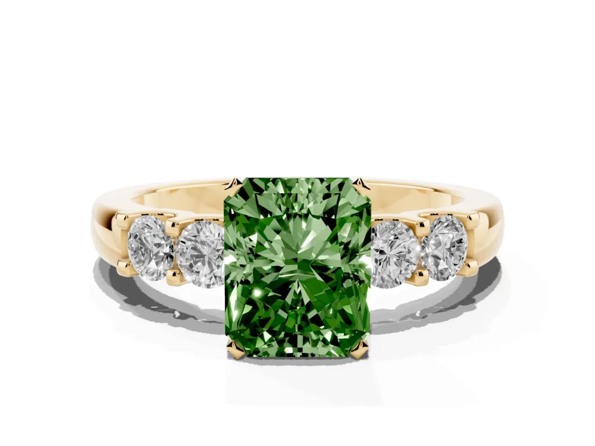 Fancy Green Radiant Cut Brilliant Cut Diamond Five-Stone Prong Set Engagement Ring with Channel Band Yellow gold