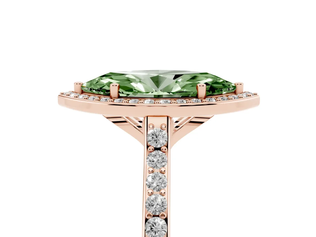 Fancy Green Marquise Cut Diamond Halo Engagement Ring with Round Pavé Shoulders and Prong Setting Rose gold