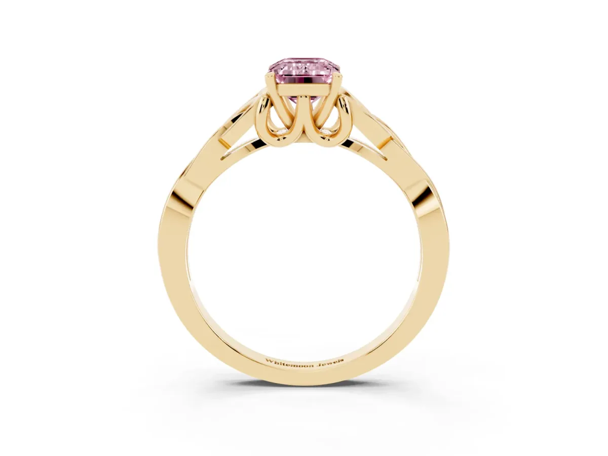 Fancy Pink Emerald Cut Diamond Solitaire Engagement Ring with Celtic Knot Band and Four-Prong Setting Yellow gold