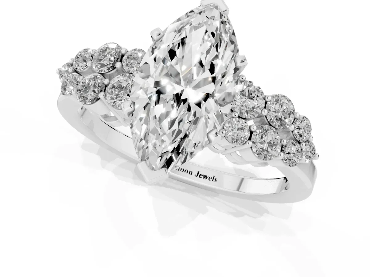 Marquise Cut Cluster Diamond Engagement Ring with Pavé Band and Four-Prong Setting Silver