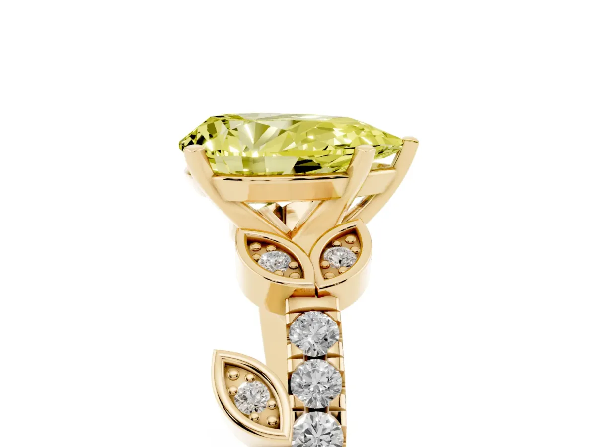 Fancy Yellow Pear Cut Solitaire Leaf-Inspired Diamond Ring with Pavé Band and Four-Prong Setting Yellow gold