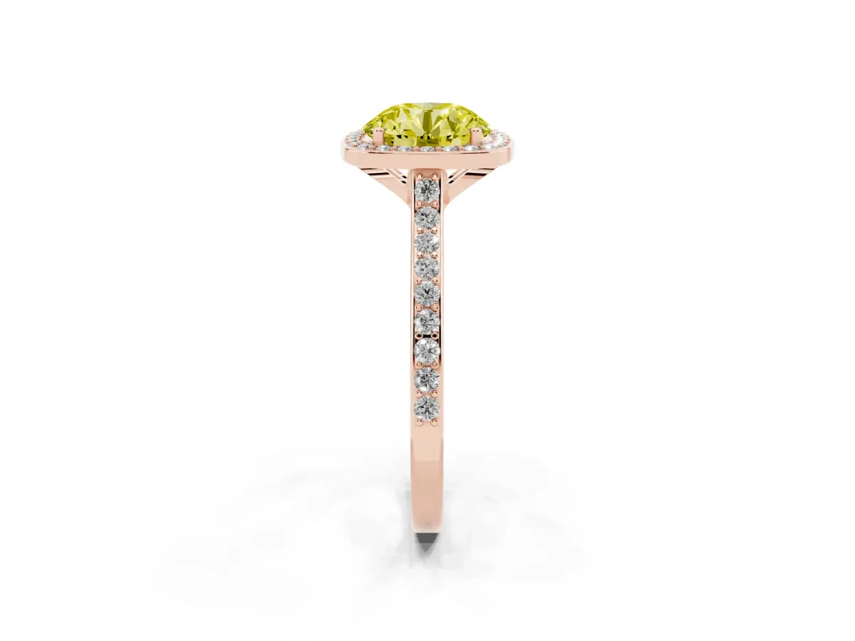 Fancy Yellow Round Cut Diamond Halo Engagement Ring with Round Pavé Shoulders and Prong Setting Rose gold