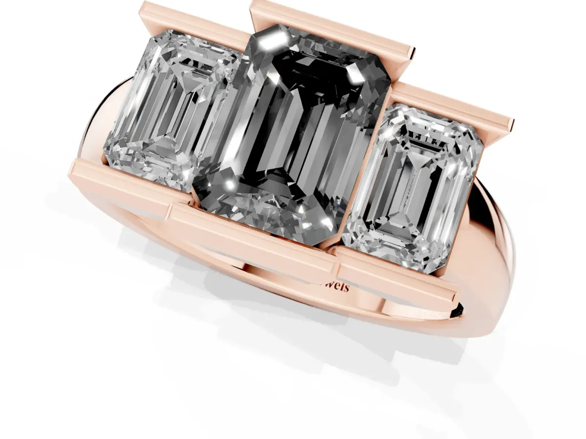 Fancy Black Three Stone Emerald Cut Cut Channel Set Diamond Ring Rose gold