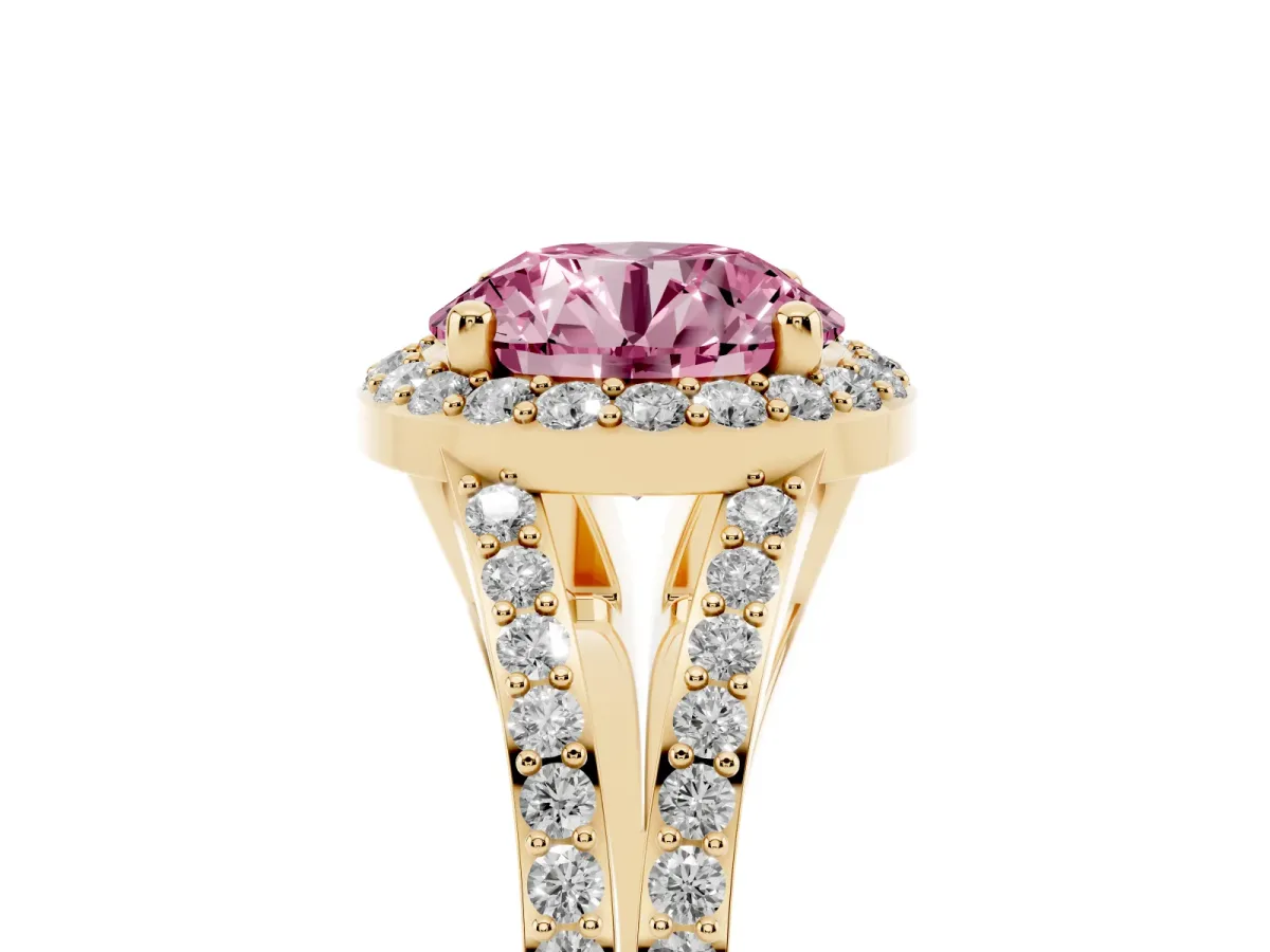 Fancy Pink Round Cut Halo Split Shank Diamond Ring with Prong Setting Yellow gold