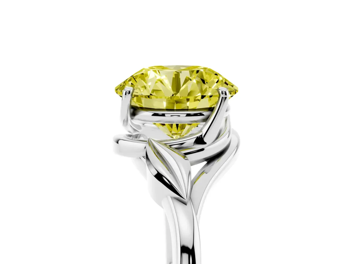 Fancy Yellow Round Cut Diamond Solitaire Ring with Twist Band and Four-Prong Setting Silver