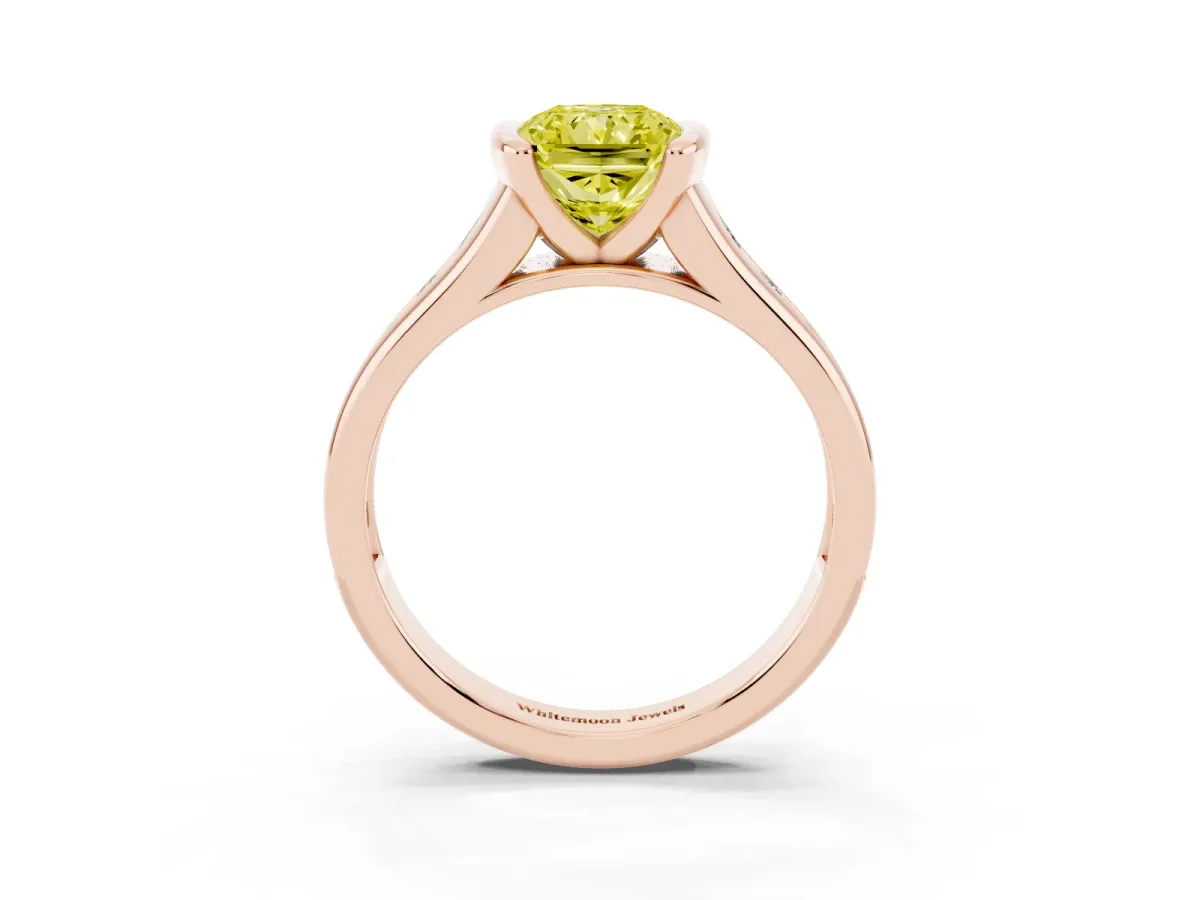 Fancy Yellow Radiant Cut Solitaire Bezel-Set Diamond Ring with Channel-Set Band Rose gold